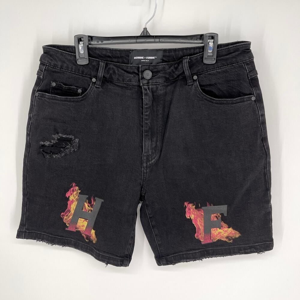 Homme + Femme NEW Distressed Flames Logo Jean Shorts Mens Sz 36 Black Stretch